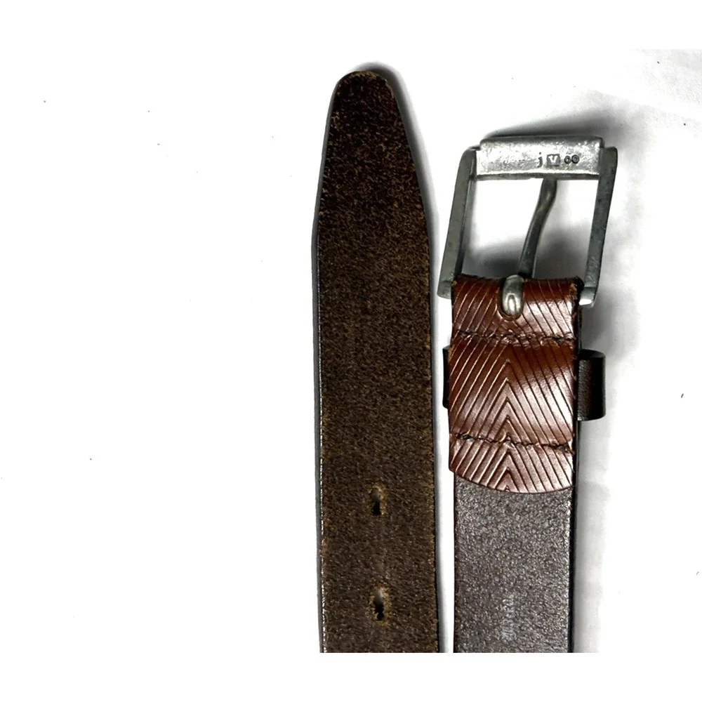 John Varvatos Brown Leather Belt Mens Size 38 Herringbone Texture Handmade Italy